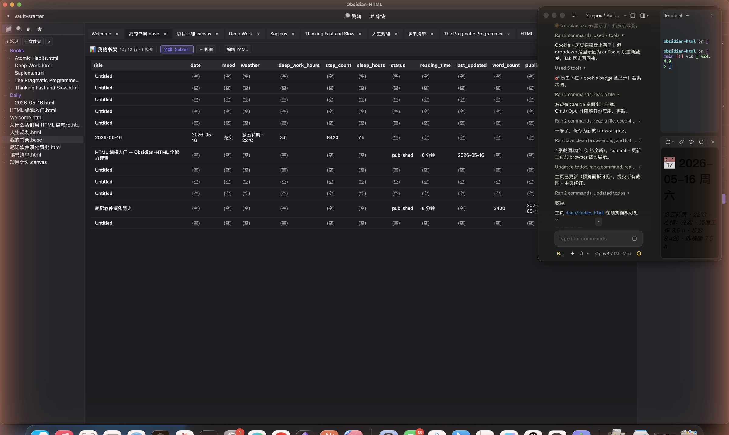 Bases table view showing 5 books with author, status, rating, finished date